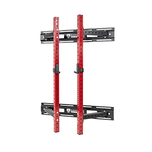 Signature Fitness Estante de sentadillas plegable de 3 x 3 pulgadas montado en la pared con barra ajustable y ganchos en J, para ahorrar espacio, gimnasio en casa, rojo