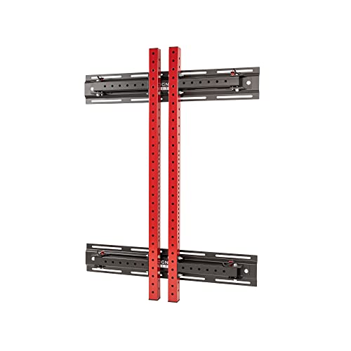 Signature Fitness Estante de sentadillas plegable de 3 x 3 pulgadas montado en la pared con barra ajustable y ganchos en J, para ahorrar espacio, gimnasio en casa, rojo