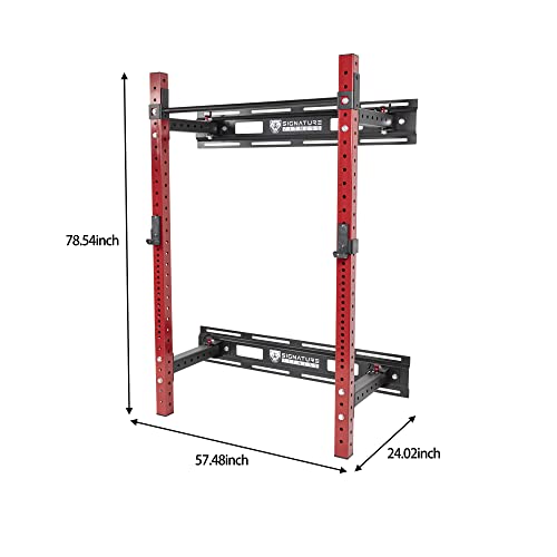 Signature Fitness Estante de sentadillas plegable de 3 x 3 pulgadas montado en la pared con barra ajustable y ganchos en J, para ahorrar espacio, gimnasio en casa, rojo