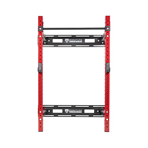 Signature Fitness Estante de sentadillas plegable de 3 x 3 pulgadas montado en la pared con barra ajustable y ganchos en J, para ahorrar espacio, gimnasio en casa, rojo