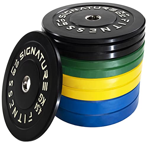 Signature Fitness Placas olímpicas de peso de placa de parachoques de 2 pulgadas con cubo de acero en pares o juegos - 100% caucho virgen, codificado por colores