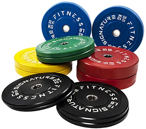 Signature Fitness Placas olímpicas de peso de placa de parachoques de 2 pulgadas con cubo de acero en pares o juegos - 100% caucho virgen, codificado por colores