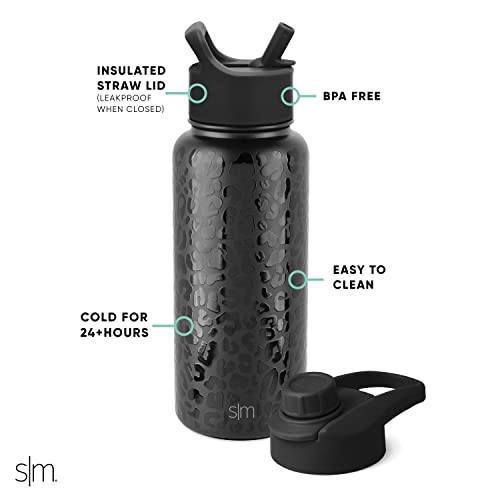 Simple Modern Botella de Agua con Pajita y Tapa para Beber de Golpe | Termo de Acero Inoxidable Aislado para Desportes Gimnasio | Summit Colección | 950ml | Black Leopard