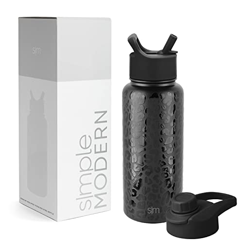 Simple Modern Botella de Agua con Pajita y Tapa para Beber de Golpe | Termo de Acero Inoxidable Aislado para Desportes Gimnasio | Summit Colección | 950ml | Black Leopard