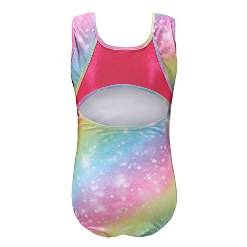 Sinoeem Leotardos de Gimnasia Rítmica para Niños Maillot de Ballet con Gradiente Flash Cuello Redondo Manga Larga/Manga Corta para Niñas de 3-12 Años (Arcoiris - Manga Corta, Tag 6A(5-6 Years))