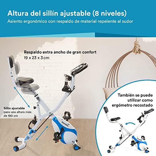 Skandika Foldaway X-3000 B-Bike, F-Bike con respaldo, Bicicleta ergométrica, plegable | Multi-Gym 4 en 1 Bicicleta estática, reclinada, entrenador de piernas (blanca/azul)