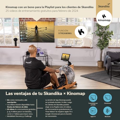 Skandika Máquina de Remo de Agua Lykke | Tanque de 90°, Máquina de Remo de Madera Maciza de Haya para el Hogar, Compatible con la App Kinomap (Madera Clara)