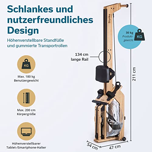 Skandika Styrke máquina de Remo de Agua de Madera | Diseñado y Fabricado en Alemania, función de aplicación Kinomap, máquina de Remo de Agua para el hogar (Natural clásico/Negro)