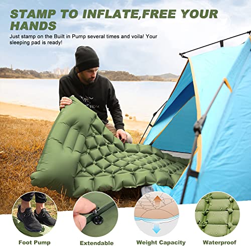 SKILEC Colchoneta de Camping Esterilla Inflable Ultraligera para Dormir con Almohada, Plegable, Ligera, Hinchable, Portátil, Almohadilla de Aire, para Exteriores, Senderismo, Viajes (Green)