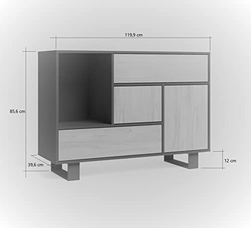 Skraut Home | Aparador para Salón o Comedor | 86 x 120 x 40 cm | Buffet con 1 Puerta + 3 Cajones | Modelo Wind | Madera Resistente | Acabado Roble/Blanco