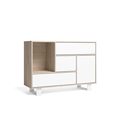 Skraut Home | Aparador para Salón o Comedor | 86 x 120 x 40 cm | Buffet con 1 Puerta + 3 Cajones | Modelo Wind | Madera Resistente | Acabado Roble/Blanco