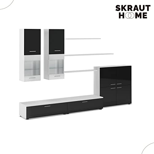 Skraut Home | Mueble para Salón | 189 x 300 x 42 cm | Sistema de Iluminación LED | Modelo Beta | Gran Capacidad de Almacenaje | Estilo Moderno | Acabado Blanco/Negro