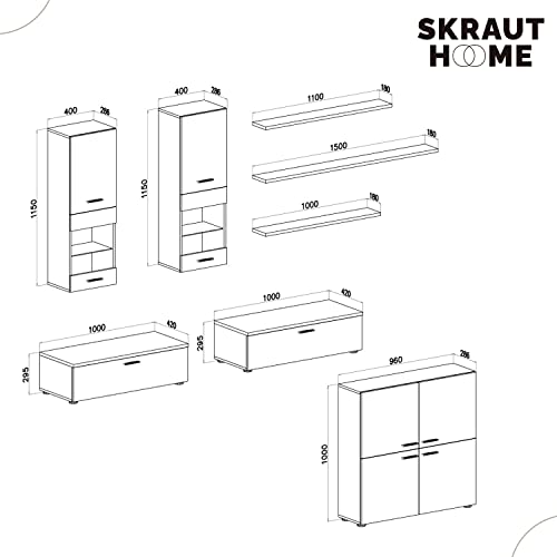 Skraut Home | Mueble para Salón | 189 x 300 x 42 cm | Sistema de Iluminación LED | Modelo Beta | Gran Capacidad de Almacenaje | Estilo Moderno | Acabado Blanco/Negro