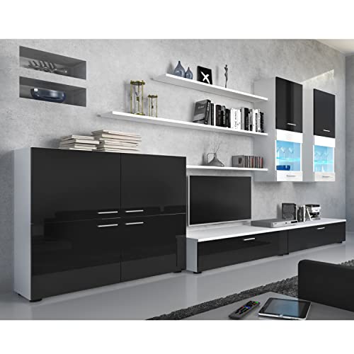 Skraut Home | Mueble para Salón | 189 x 300 x 42 cm | Sistema de Iluminación LED | Modelo Beta | Gran Capacidad de Almacenaje | Estilo Moderno | Acabado Blanco/Negro