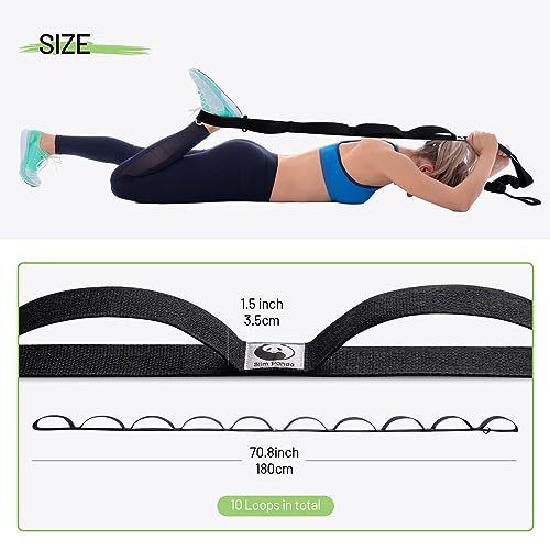 Slim Panda Cinturon Estiramiento de Yoga, Correa Yoga con 10 Bucles para Estirar y Stretching, Cinta de Yoga 180x3,5 cm Ideal para Yoga, Ballet, Fitness, Pilates Rehabilitación, Negro