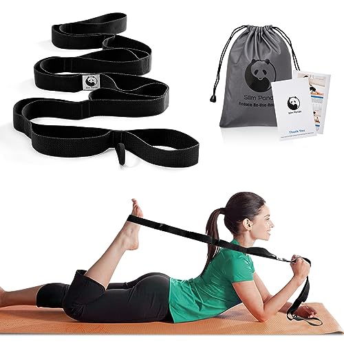 Slim Panda Cinturon Estiramiento de Yoga, Correa Yoga con 10 Bucles para Estirar y Stretching, Cinta de Yoga 180x3,5 cm Ideal para Yoga, Ballet, Fitness, Pilates Rehabilitación, Negro