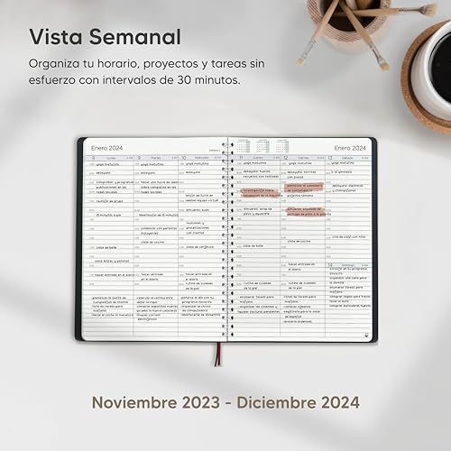 Smart Panda Agenda 2024 con Vista Semanal – A5 Agenda 2024 Semana Vista – Planificador Semanal, Diario Espiral - Tapa Blanda, Intervalos de 30 minutos - Calendario Anual A5, en Español