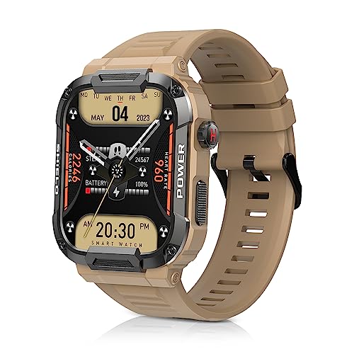 Smartwatch Hombre Militar con Llamadas Bluetooth Reloj Inteligente Hombre con Podómetro Frecuencia Cardíaca Sueño Pulsometro 110+ Modos Deportivo Reloj de Impermeable IP68 para iOS Android (Giallo)