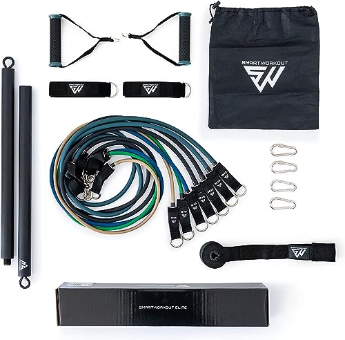 SmartWorkout - Kit Profesional de Bandas de Resistencia para Musculación - Pack Completo de Fitness 19 Unidades, 7 Gomas Elasticas de 120 kg, Barra para elásticos, Asas, Anclaje de Puerta y Programa