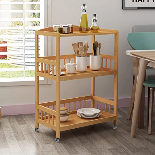 sogesfurniture Carro de Servicio 3 estantes de Bambú, Trolley de Cocina, Estantería de Almacenamiento con Ruedas para Hotel, Baño, Restaurante, KS-ZC05-BH KS-ZC05-BH