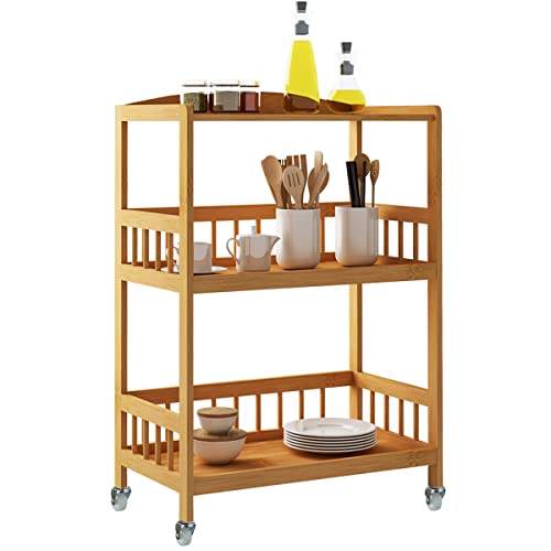 sogesfurniture Carro de Servicio 3 estantes de Bambú, Trolley de Cocina, Estantería de Almacenamiento con Ruedas para Hotel, Baño, Restaurante, KS-ZC05-BH KS-ZC05-BH