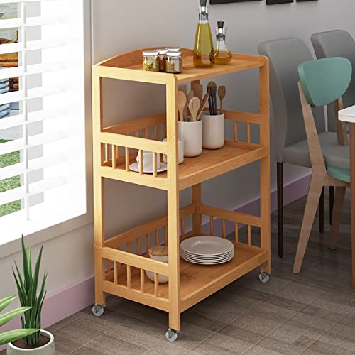 sogesfurniture Carro de Servicio 3 estantes de Bambú, Trolley de Cocina, Estantería de Almacenamiento con Ruedas para Hotel, Baño, Restaurante, KS-ZC05-BH KS-ZC05-BH