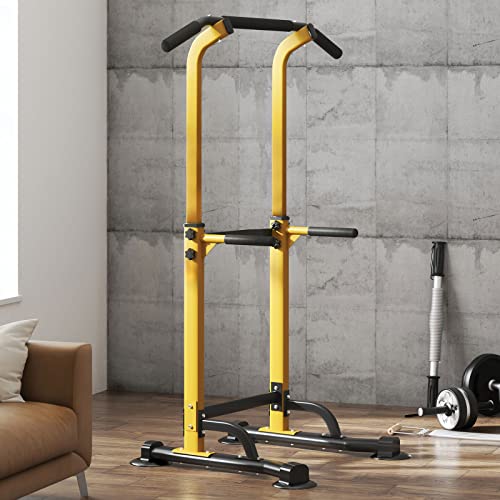 sogesfurniture Power Tower Estación de Dominadas, Torre Multifuncional de Altura Ajustable Torre Gimnasio para el Entrenamiento de la Fuerza Equipo de la Aptitud, Negro y Amarillo