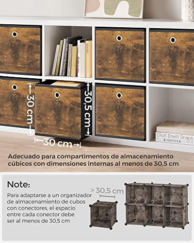 SONGMICS Caja Almacenaje, Juego de 6 Cajas de Almacenamiento con Asa, Caja Organizadora de Tela Oxford y Tela no Tejida, 30 x 30 x 30 cm, Ajustable, Plegable, MarrÓn RÚstico y Negro RFB102B01