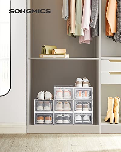 SONGMICS Cajas de Zapatos Plástico, Juego de 8 Organizadores de Almacenamiento, Caja Zapatero Plástico Plegable y Apilable para Zapatillas hasta Talla 44, Transparente y Blanco LSP08SWT