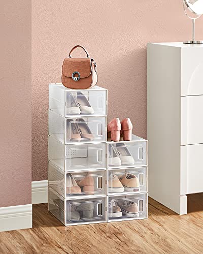 SONGMICS Cajas de Zapatos Plástico, Juego de 8 Organizadores de Almacenamiento, Caja Zapatero Plástico Plegable y Apilable para Zapatillas hasta Talla 44, Transparente y Blanco LSP08SWT