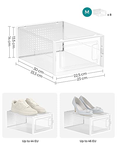 SONGMICS Cajas de Zapatos Plástico, Juego de 8 Organizadores de Almacenamiento, Caja Zapatero Plástico Plegable y Apilable para Zapatillas hasta Talla 44, Transparente y Blanco LSP08SWT