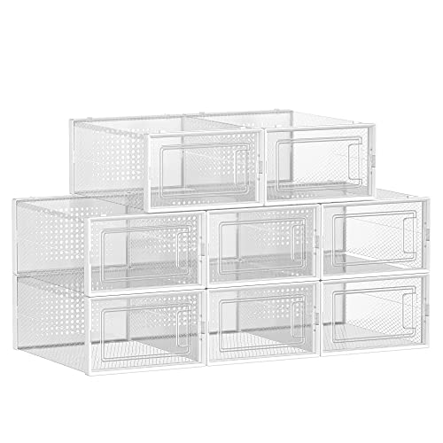 SONGMICS Cajas de Zapatos Plástico, Juego de 8 Organizadores de Almacenamiento, Caja Zapatero Plástico Plegable y Apilable para Zapatillas hasta Talla 44, Transparente y Blanco LSP08SWT