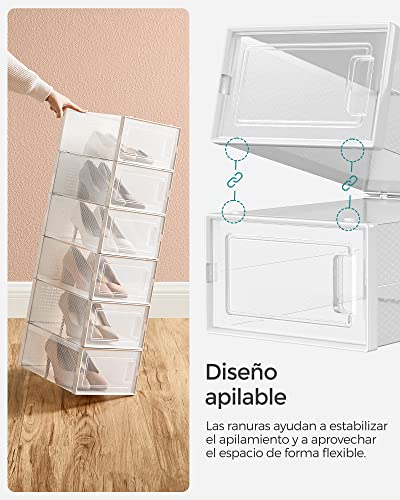 SONGMICS Cajas de Zapatos Plástico, Juego de 8 Organizadores de Almacenamiento, Caja Zapatero Plástico Plegable y Apilable para Zapatillas hasta Talla 44, Transparente y Blanco LSP08SWT