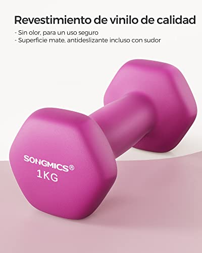 SONGMICS Juego de 2 Mancuernas, 2 x 1 kg, Mancuernas Hexagonales con Superficie de Vinilo, para Fitness, Ejercicio, Entrenamiento, para Gimnasia en Casa, Rosa SYL902P01