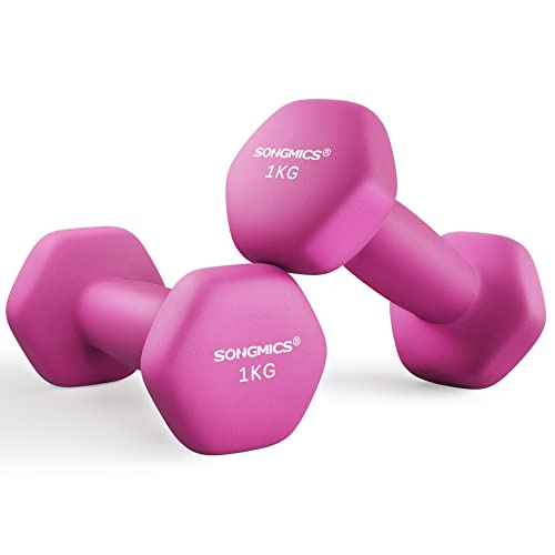 SONGMICS Juego de 2 Mancuernas, 2 x 1 kg, Mancuernas Hexagonales con Superficie de Vinilo, para Fitness, Ejercicio, Entrenamiento, para Gimnasia en Casa, Rosa SYL902P01