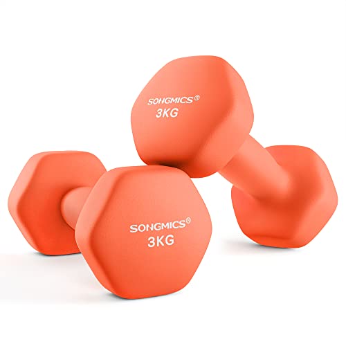 SONGMICS Juego de 2 Mancuernas, 2 x 3 kg, Mancuernas Hexagonales con Superficie de Vinilo, para Fitness, Ejercicio, Entrenamiento, para Gimnasia en Casa, Naranja SYL906O01