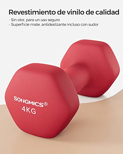 SONGMICS Juego de 2 Mancuernas, 2 x 4 kg, Mancuernas Hexagonales con Superficie de Vinilo, para Fitness, Ejercicio, Entrenamiento, para Gimnasia en Casa, Rojo SYL908R01