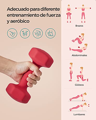 SONGMICS Juego de 2 Mancuernas, 2 x 4 kg, Mancuernas Hexagonales con Superficie de Vinilo, para Fitness, Ejercicio, Entrenamiento, para Gimnasia en Casa, Rojo SYL908R01