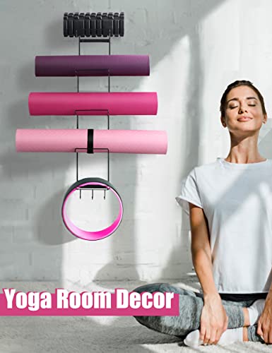 Soporte de pared para esterilla de yoga de 5 niveles, estante de almacenamiento de metal para esterilla de yoga, ruedas y rodillo de espuma, estante de pared para esterilla de yoga con 3 ganchos para