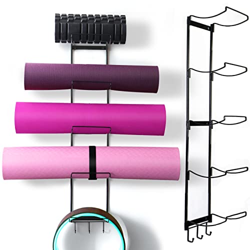 Soporte de pared para esterilla de yoga de 5 niveles, estante de almacenamiento de metal para esterilla de yoga, ruedas y rodillo de espuma, estante de pared para esterilla de yoga con 3 ganchos para