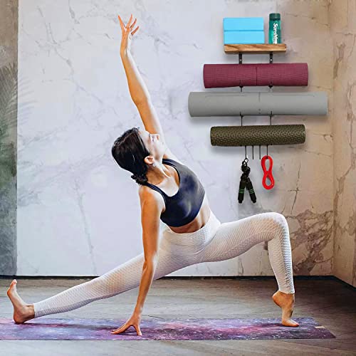 Soporte de pared para esterillas de yoga, soporte para esterillas de yoga con estantes flotantes de madera y 4 ganchos, organizador de accesorios de yoga