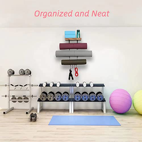 Soporte de pared para esterillas de yoga, soporte para esterillas de yoga con estantes flotantes de madera y 4 ganchos, organizador de accesorios de yoga