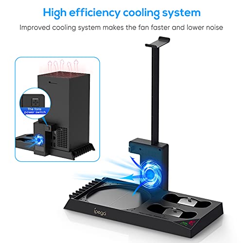 Soporte de refrigeración vertical para consola Xbox Series X – estación de carga de doble controlador con 2 baterías de 1400 mAh y organizador de almacenamiento para juegos y soporte para auriculares