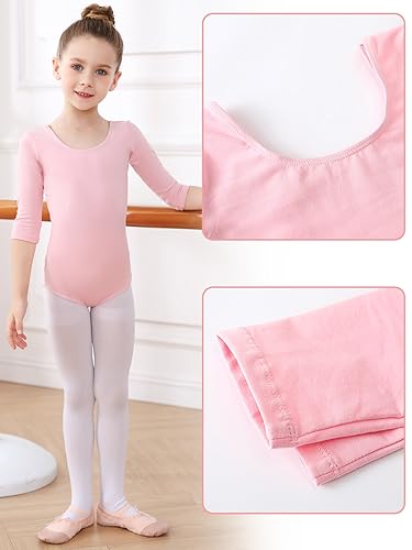 Soudittur Maillot de Danza Niña Mujeres Leotardos Ballet de Algodón Maillots de Gimnasia Ritmica Manga 3/4 (Rosa, 120)