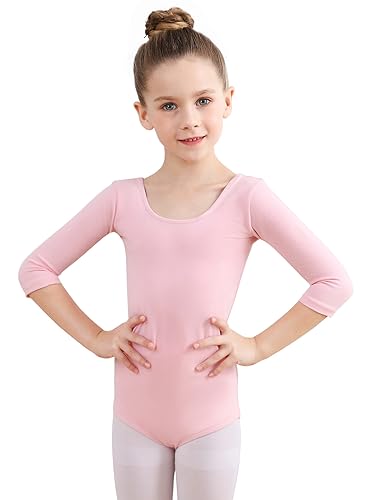 Soudittur Maillot de Danza Niña Mujeres Leotardos Ballet de Algodón Maillots de Gimnasia Ritmica Manga 3/4 (Rosa, 120)