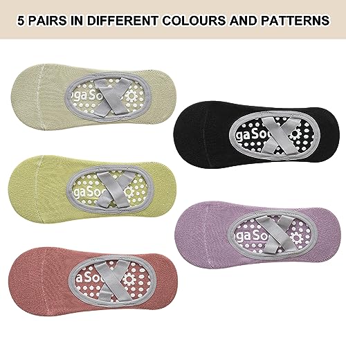 Sporgo 5 pares de calcetines de yoga: calcetines antideslizantes para mujer, calcetines de pilates, calcetines coloridos para mujer, calcetines para yoga, pilates, ejercicios en casa y calcetines de