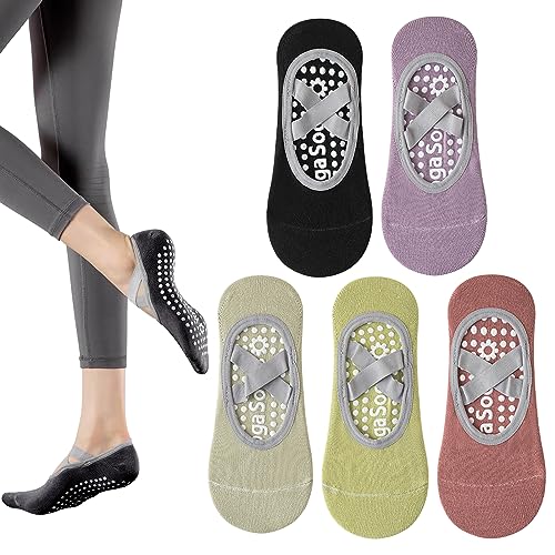 Sporgo 5 pares de calcetines de yoga: calcetines antideslizantes para mujer, calcetines de pilates, calcetines coloridos para mujer, calcetines para yoga, pilates, ejercicios en casa y calcetines de