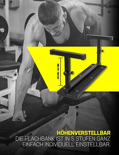 SPORTINATOR® Banco plano de altura ajustable con funda de piel sintética de fácil limpieza, tres soportes de soporte, incluye 2 bandas de resistencia. Para varios ejercicios de entrenamiento de fuerza