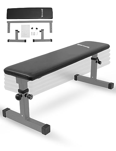 SPORTINATOR® Banco plano de altura ajustable con funda de piel sintética de fácil limpieza, tres soportes de soporte, incluye 2 bandas de resistencia. Para varios ejercicios de entrenamiento de fuerza