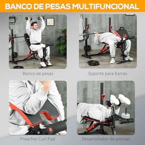 SPORTNOW Banco de Musculación Multifuncional Banco de Pesas con Respaldo Reclinable y Soporte de Barras Ajustable para Entrenamiento Abdominal Piernas Brazos y Pecho Carga 150 kg 180x110x126 cm Negro